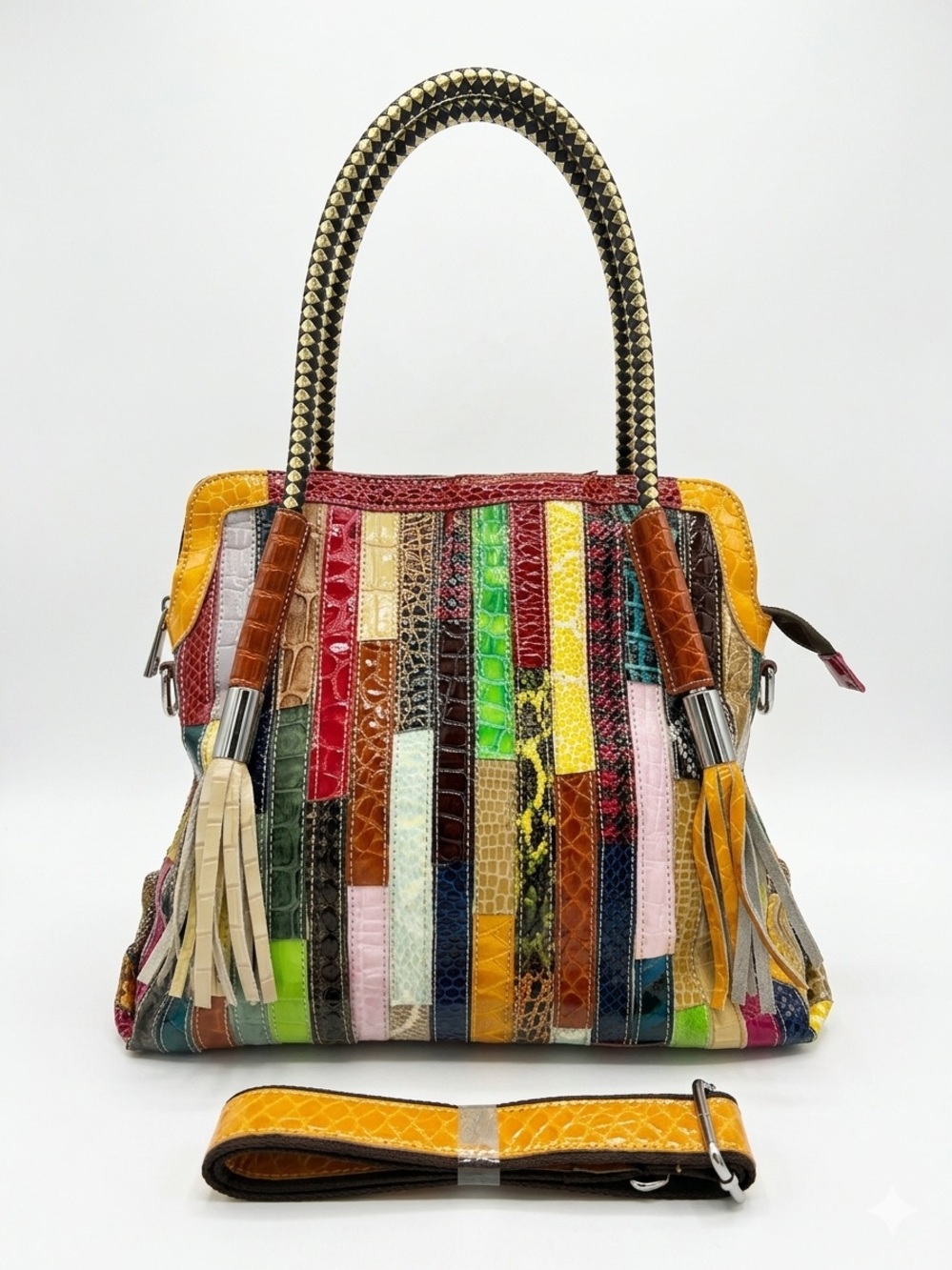 NWT Genuine Leather Patchwork Tote Bag Multicolor Snakeskin Embossed Satchel